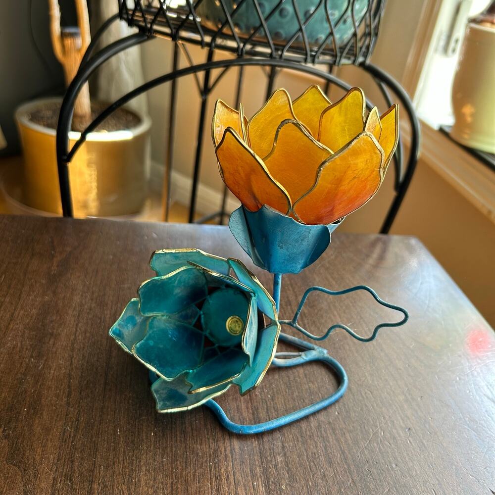 Vintage handmade lotus flower Capiz shell decorative tea light candle holder
